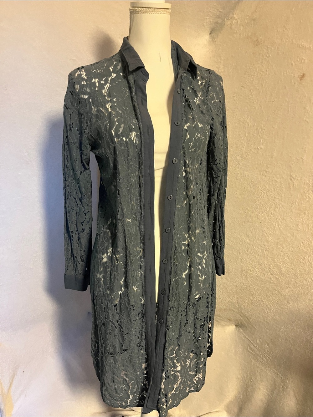 Adore blue Lace Button-Front Long Blouse